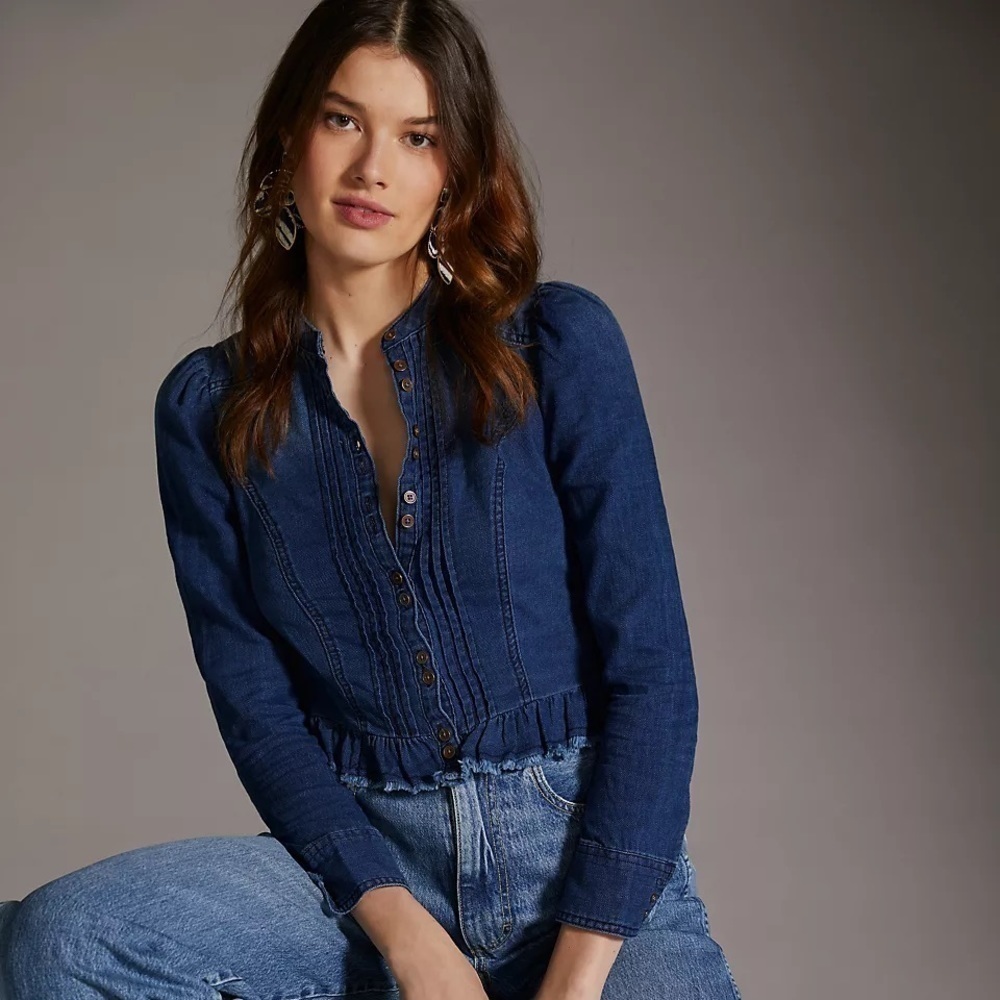 NWT - Anthropologie Pilcro Button down Ruffled Hem Denim Blouse
